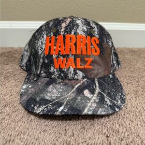 Harris Walz Camo Hat with Bright Orange Embroidery